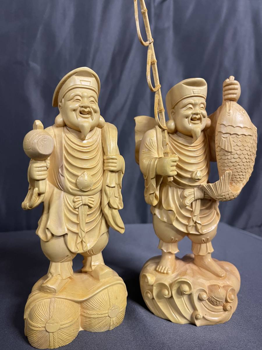 仏教工芸品 総柘植製 井波彫刻 極上彫 木彫仏像 福神 恵比寿大黒像一式