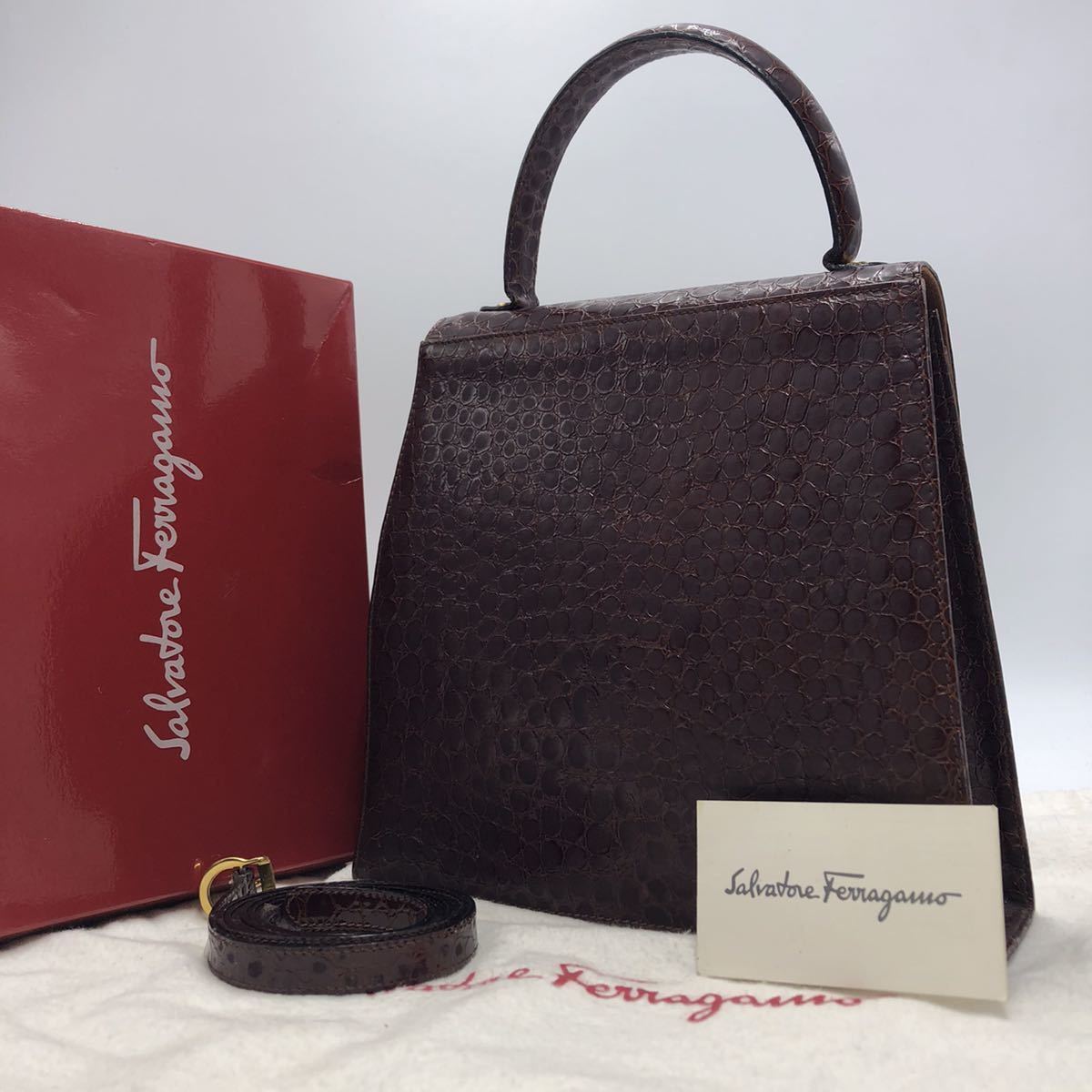 1円【極美品】 Salvatore Ferragamo ハンドバッグ クロコ ケリー型 ゴールド金具 2way ショルダーバッグ フェラガモ ブラウン レザー_画像2