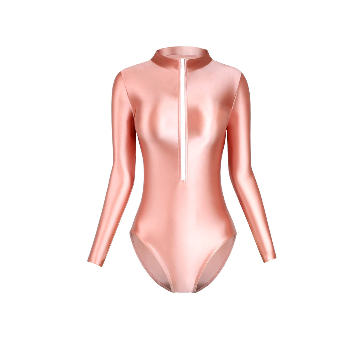 MJINM zentai suit high‐necked long sleeve body suit front jipa yoga suit sexy costume play clothes pink 