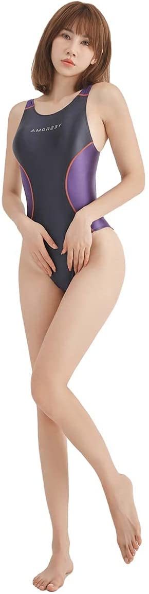 AMORESY super stretch color panel .. swimsuit surfing / yoga / cosplay / fitness back swimsuit dark gray 
