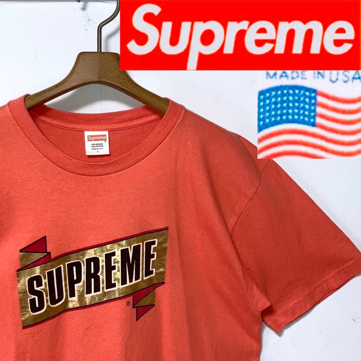 希少 USA製 Supreme シュプリーム エンブレムTシャツ コーラル サイズL