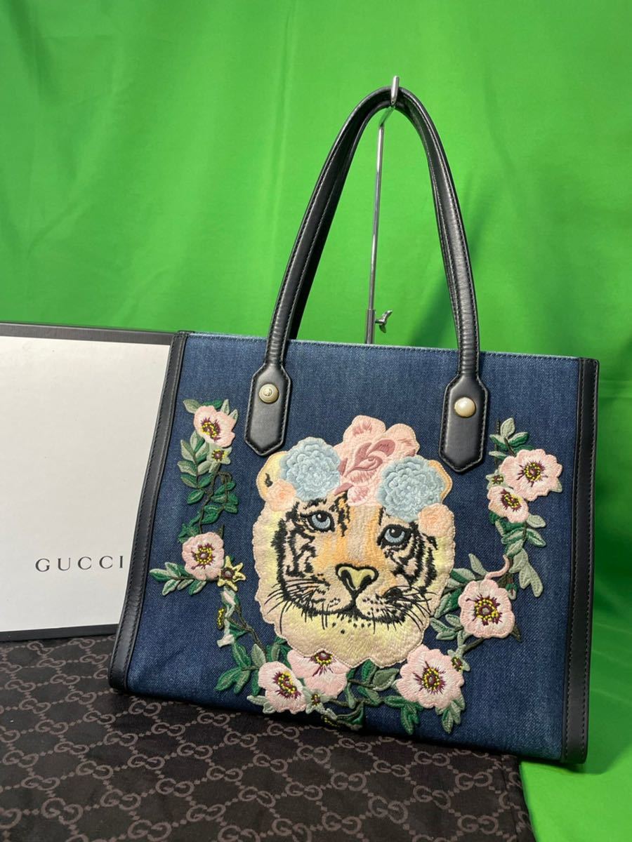 限定品 GUCCI グッチ 希少 デニム エンブロイダリー タイガー GG柄