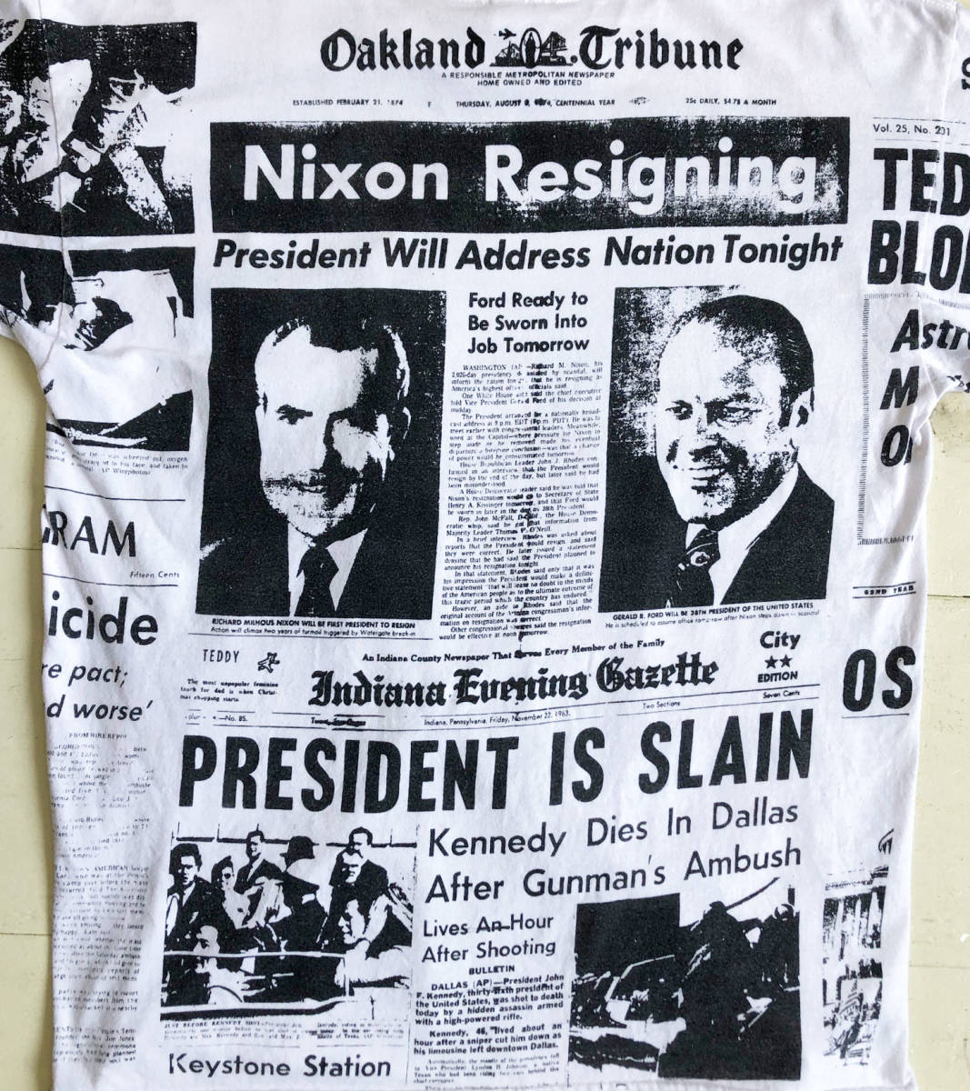 [ America покупка есть / 90\' Vintage ]Nixon Resigning News бумага все футболка /L/ белый / Nixon большой ../Oakland Tribune(om-225-4C)