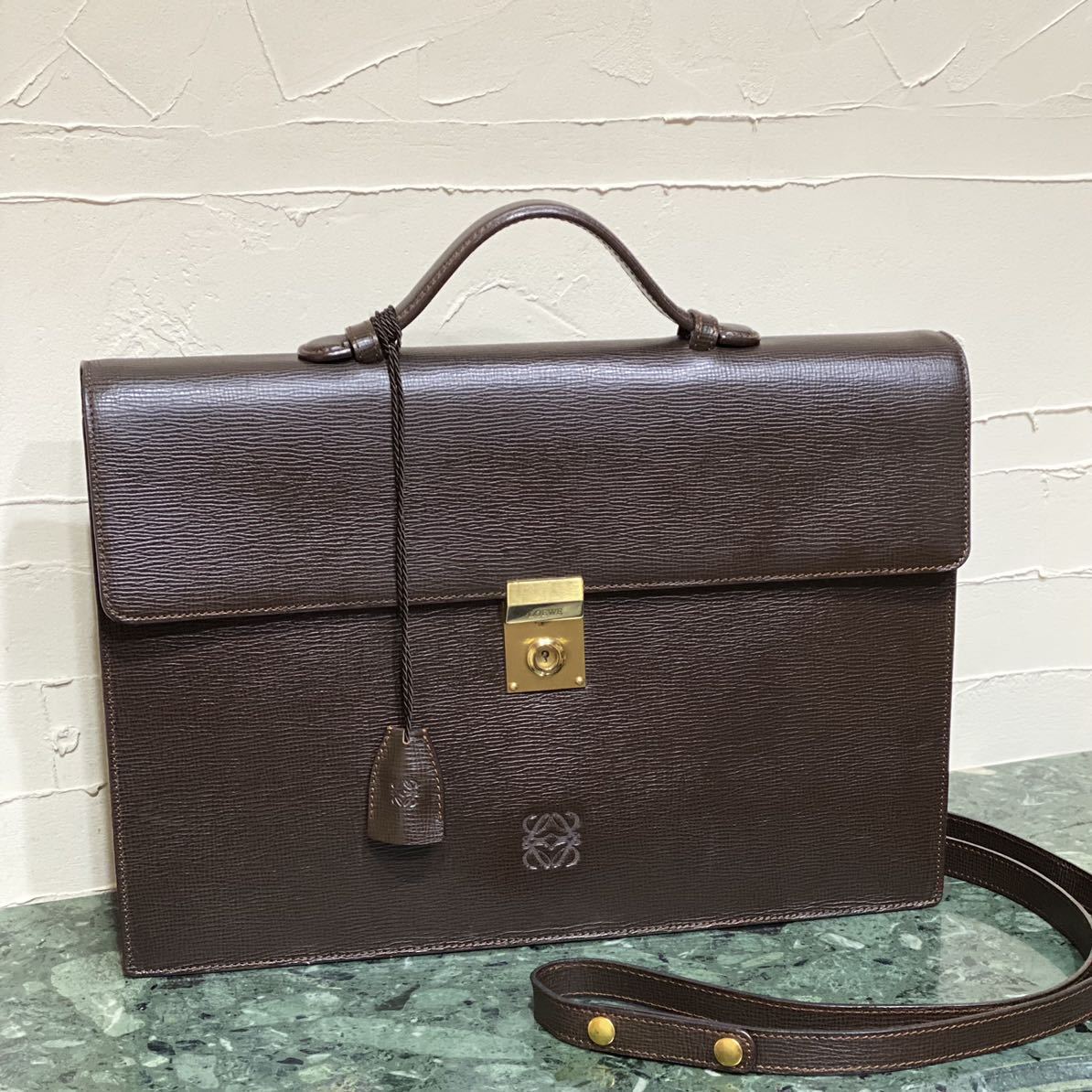 VINTAGE LOEWE 型押しレザー 2WAYビジネスバッグ ハンドバッグ ショルダーバッグ ブラウンヴィンテージバッグ オールドロエベ