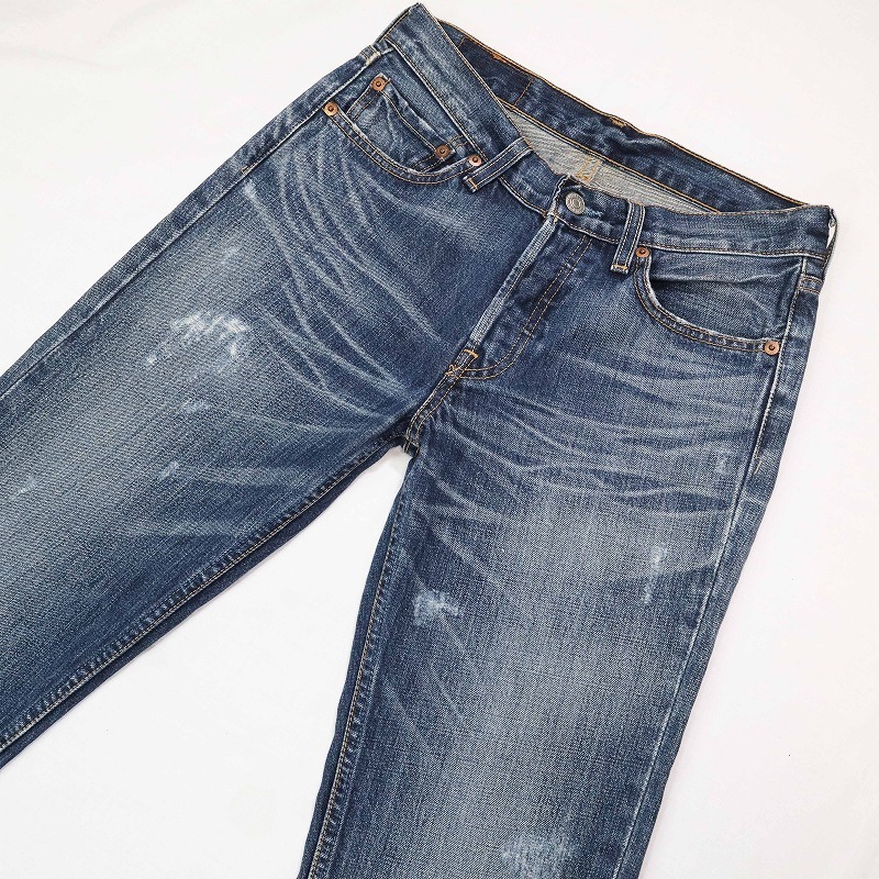 Levi's リーバイス W501-0045 ボタンフライ ユースドダメージ加工ジーンズ 濃紺デニムパンツ レディース W28 M相当