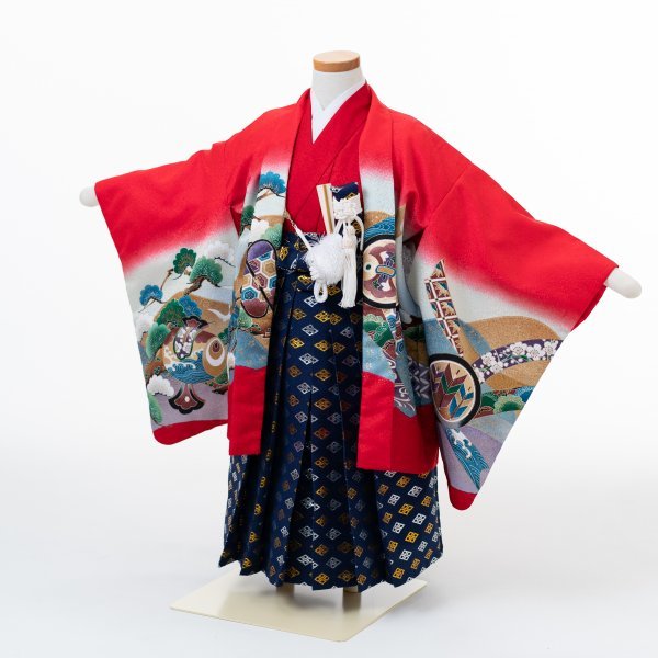 美品 七五三 男児 羽織袴 セット 着物 豪華絢爛 赤地。紫 鷹 祝着