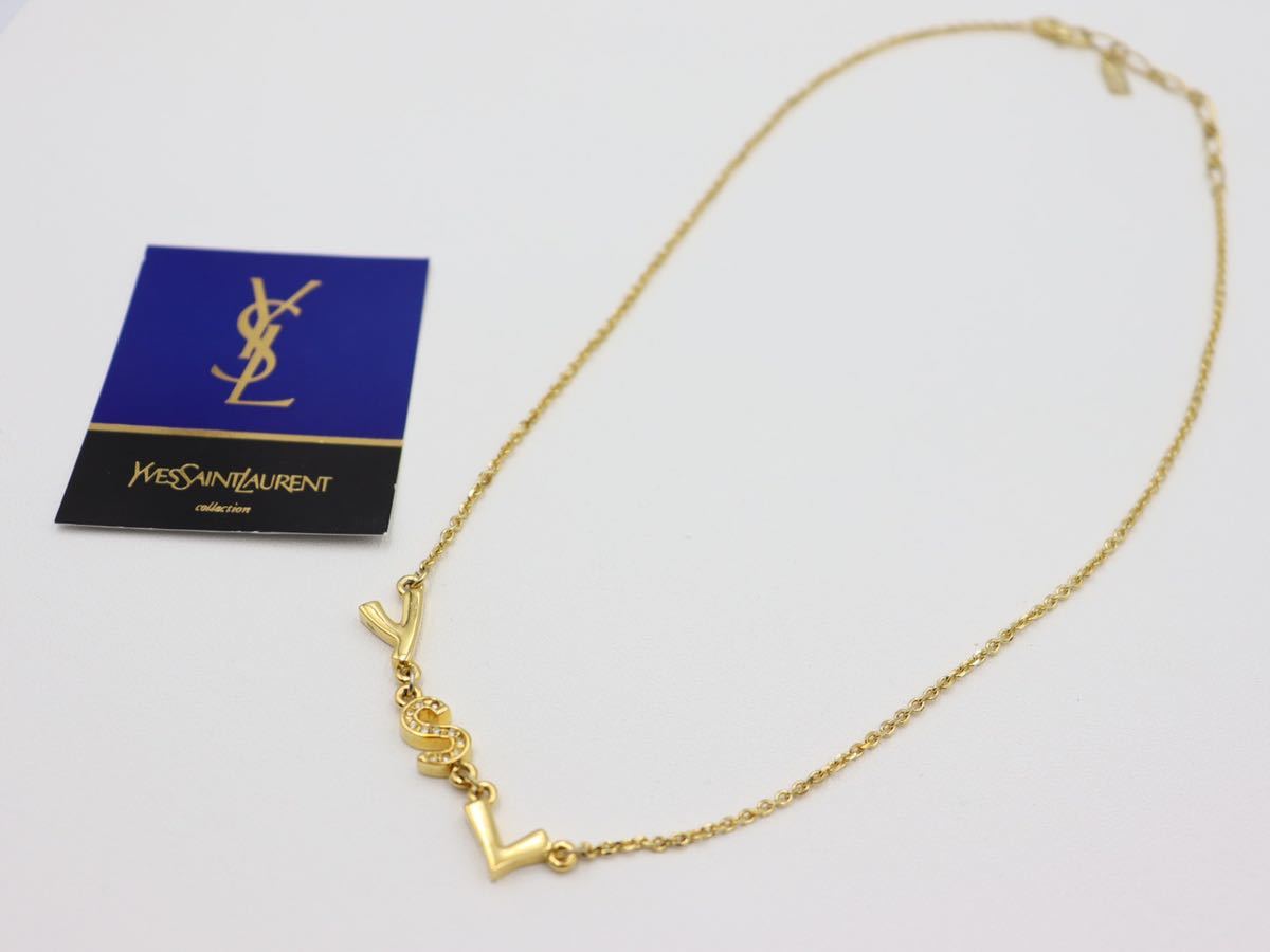 【美品】イブサンローラン 英字 ストーン ロゴ YSL ネックレス ゴールド Yves Saint Laurent ヴィンテージ プレゼント 結婚式 ny30_画像1