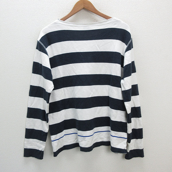 y# Ships /SHIPS fray processing border sweatshirt # white / navy blue [ men's L ]MENS/ made in Japan /80[ used ]