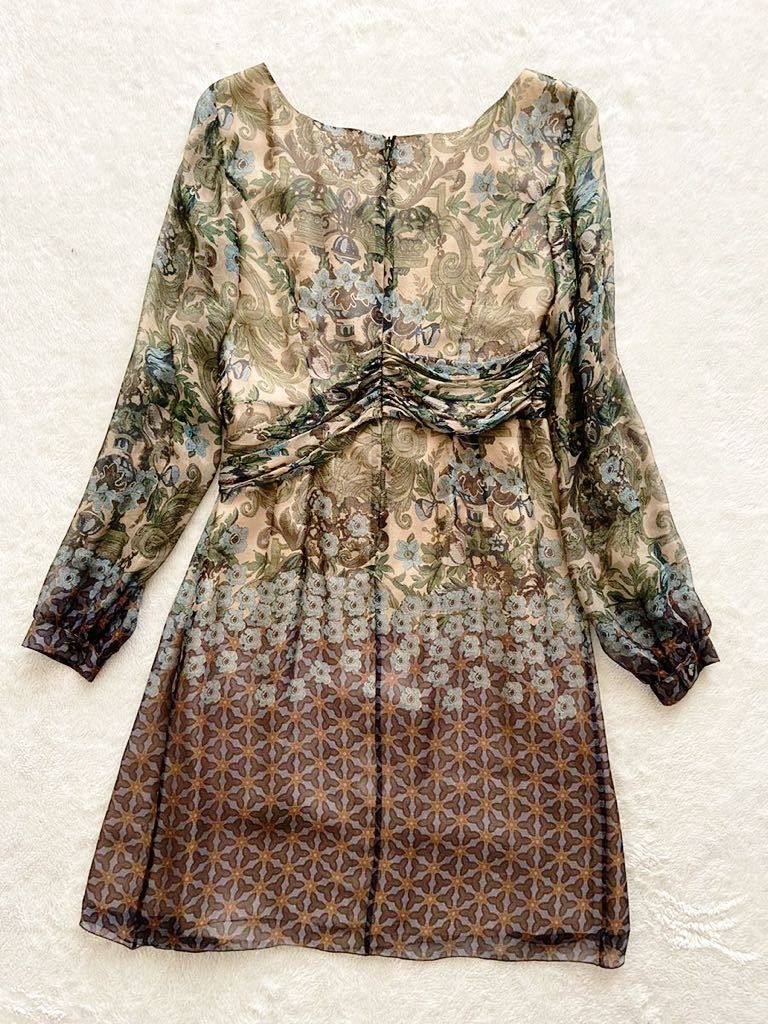  beautiful goods ALBERTA FERRETTI sizeI44F40USA8 Italy made floral print silk chiffon One-piece dress long sleeve Alberta Ferretti 