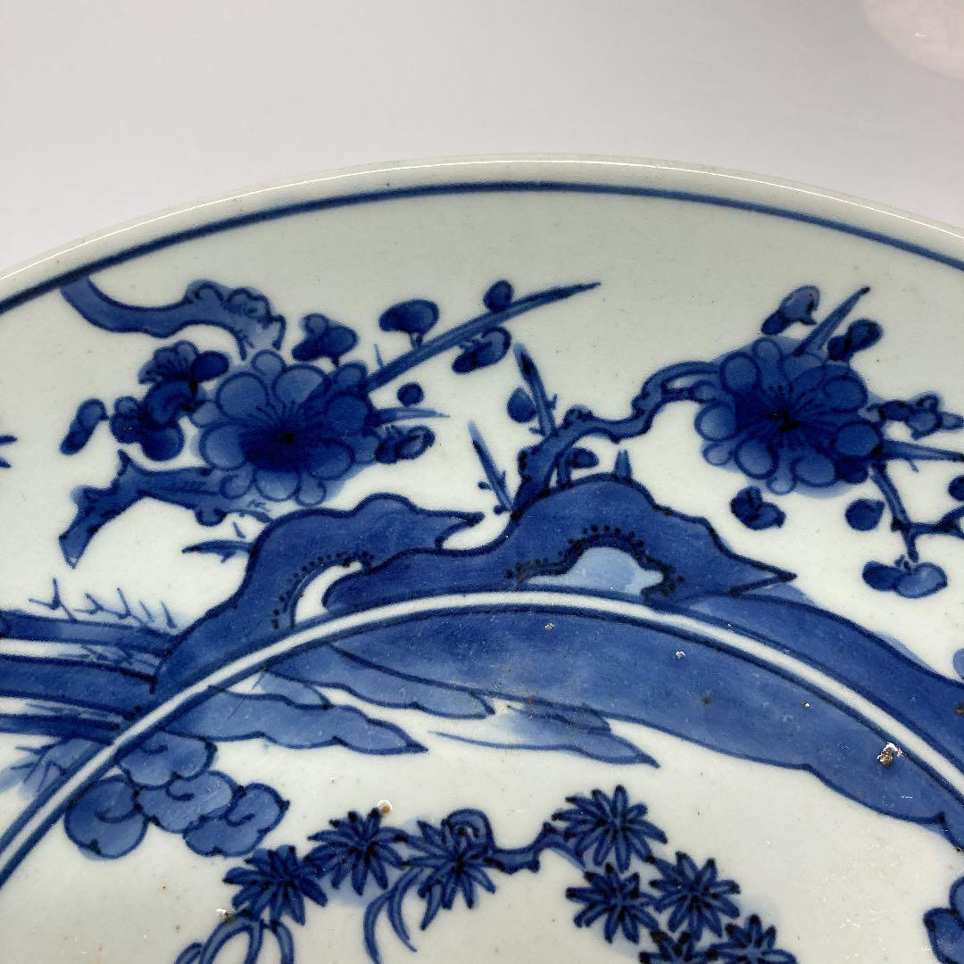 極上品 江戸中期藍柿右衛門 花鳥図大皿 時代木箱付 31.4㎝ Y4-0617③