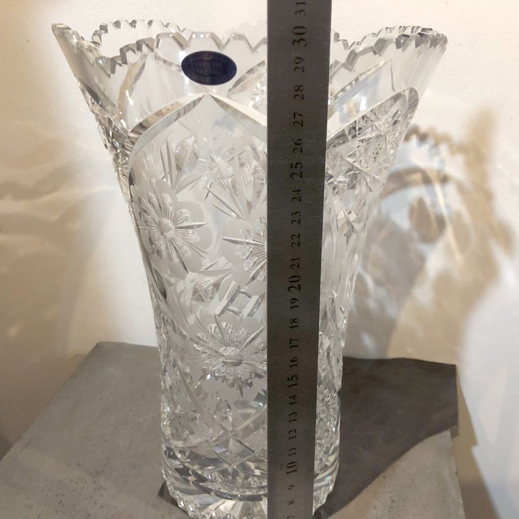 PayPayフリマ｜DRESDEN KRISTALL ドレスデンクリスタル カットガラス花瓶 30cmクリスタル花瓶 ドイツ製花瓶 中古 インテリア