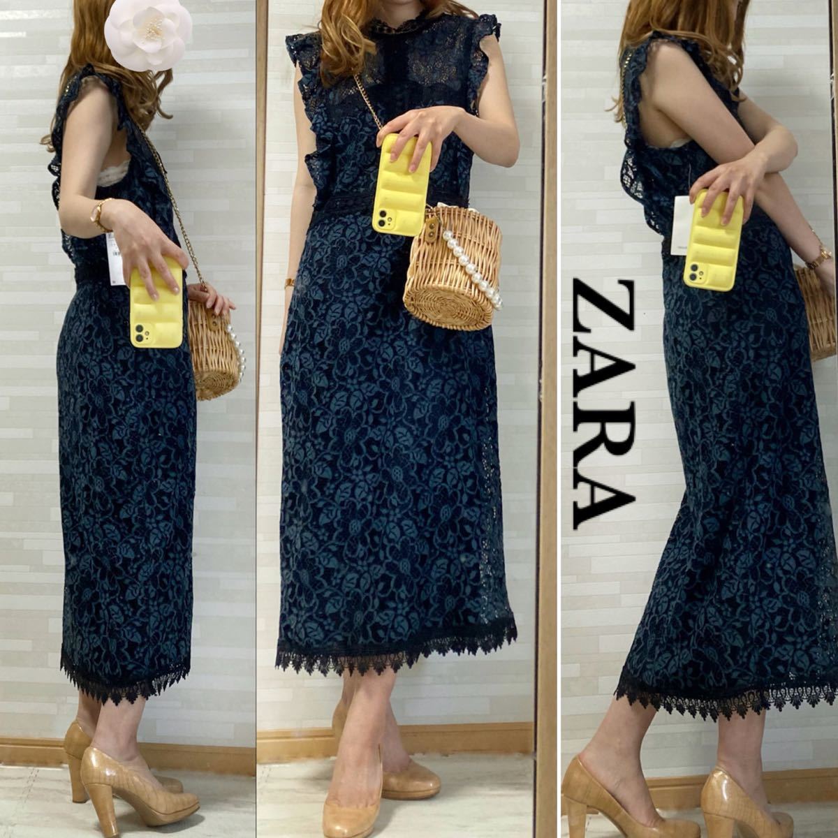 【新品タグ付】ZARA ノースリーブ 花柄 レース ワンピース ドレス タイト ネイビー Mサイズ 結婚式 パーティ 二次会