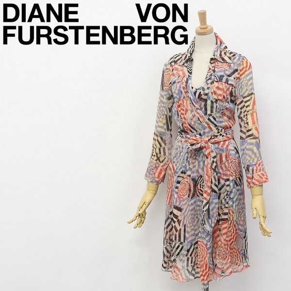 ◆DIANE von FURSTENBERG/ダイアンフォン ファステンバーグ インナーキャミソール付 総柄 シャツ ラップ ワンピース_画像1