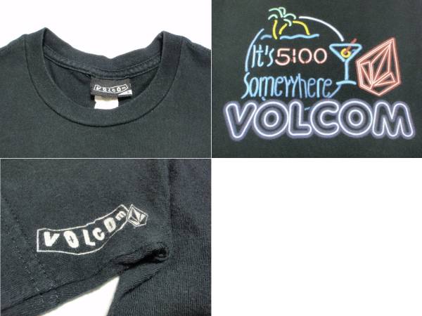 送料込・USED ボルコム VOLCOM ネオンサイン風 ロゴプリント半袖Tシャツ 黒 Sサイズ_画像2
