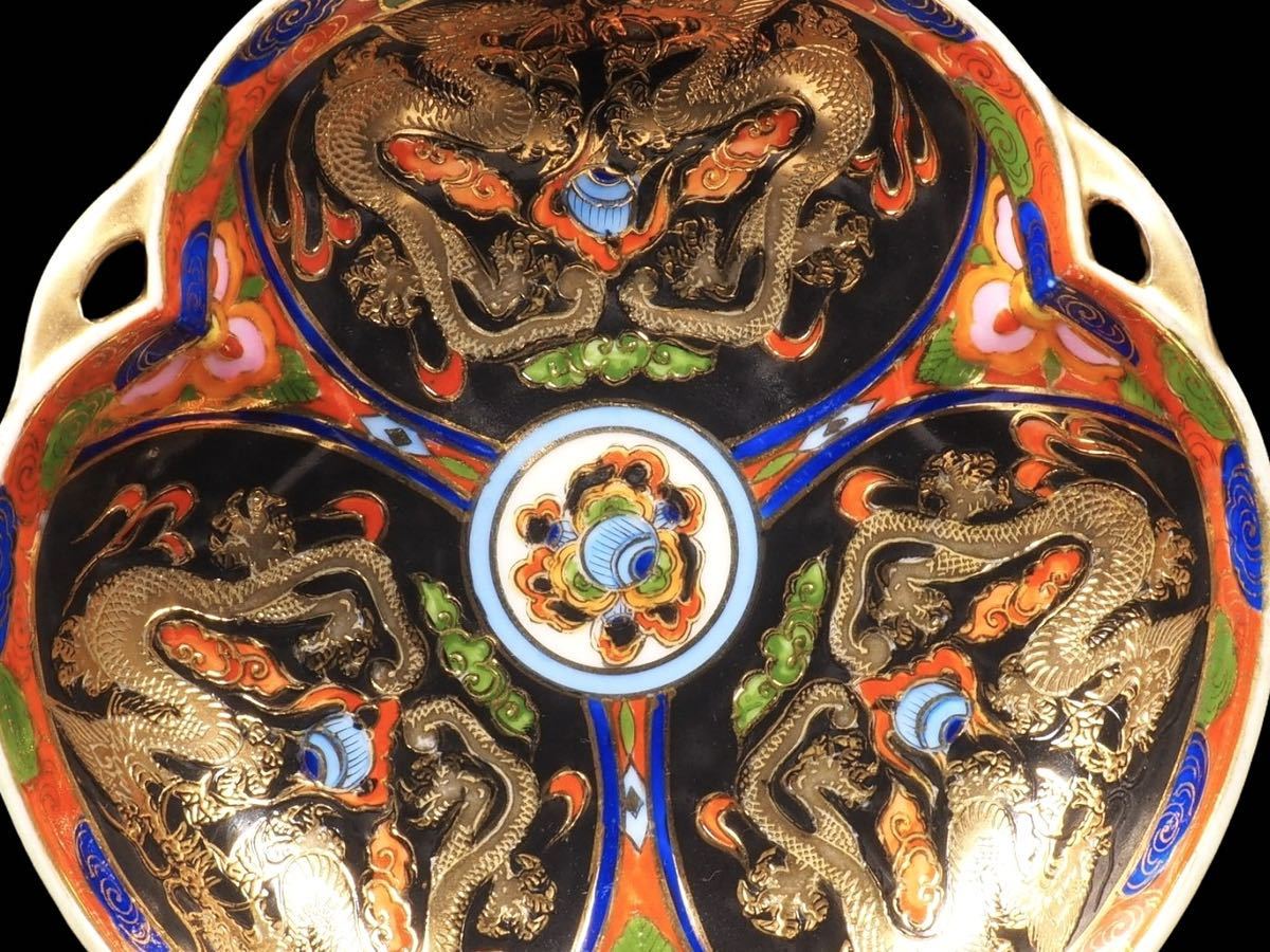 極めて珍しいオールドノリタケ極上金彩・迫力の双龍図飾り皿！鮮やか