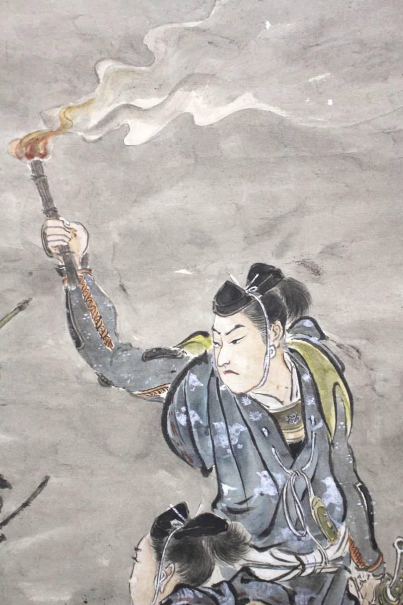 真筆 希少 伝・長谷川石峯 「曽我兄弟之図」 武者絵 紙本 掛軸 信濃-