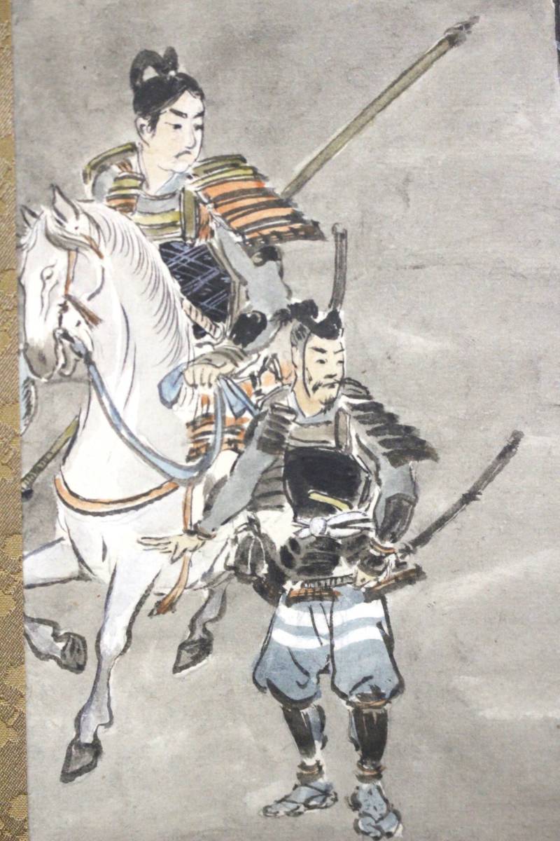 希少 伝・長谷川石峯 「曽我兄弟之図」 武者絵 紙本 掛軸 信濃