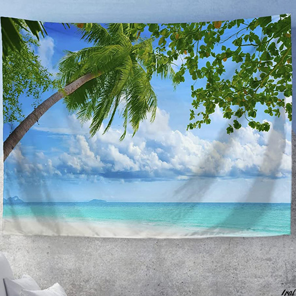 Paypayフリマ タペストリー 美しい海 砂浜 白い雲 青い空 夏 青い海 風景 ココナッツの木 植物 ホワイトビーチおしゃれ 壁掛け 背景布