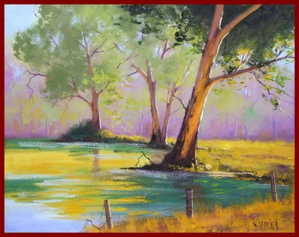 ☆油彩画　心に染みる自然美　「三日月湖のユーカリの木」 　　 BY_画像1