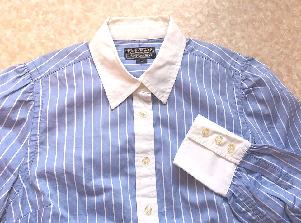 POLO JEANS COMPANY Ralf * low Len * stripe * cotton * shirt * blouse * blue × white * lady's *L size * beautiful goods 