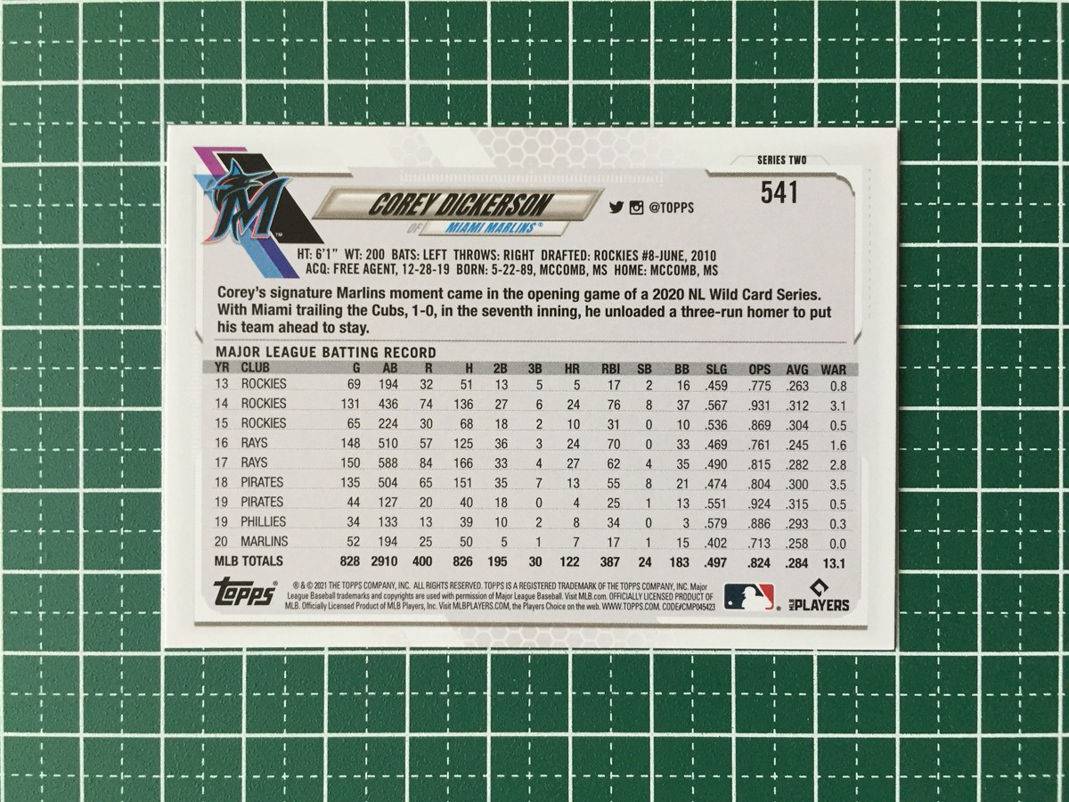 ★TOPPS MLB 2021 SERIES 2 #541 COREY DICKERSON［MIAMI MARLINS］ベースカード★_画像2