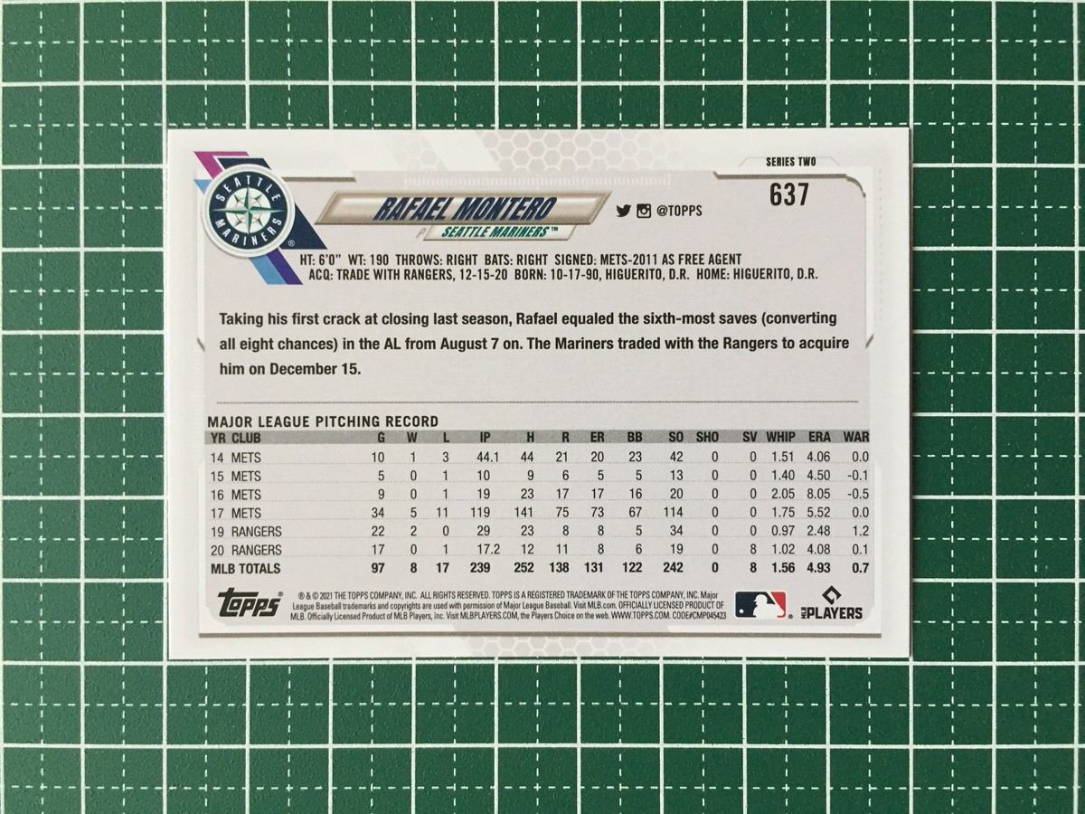 ★TOPPS MLB 2021 SERIES 2 #637 RAFAEL MONTERO［SEATTLE MARINERS］ベースカード★の画像2