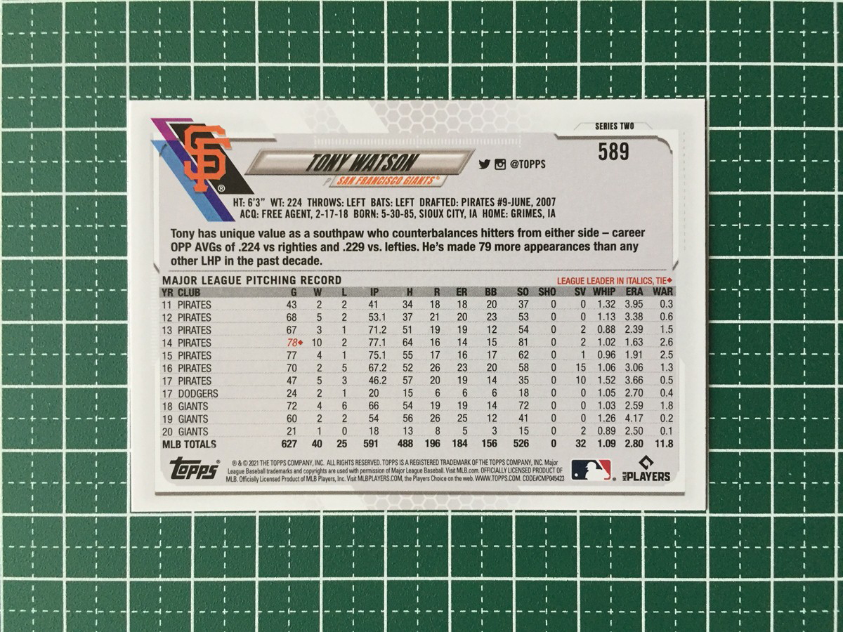 ★TOPPS MLB 2021 SERIES 2 #589 TONY WATSON［SAN FRANCISCO GIANTS］ベースカード★_画像2