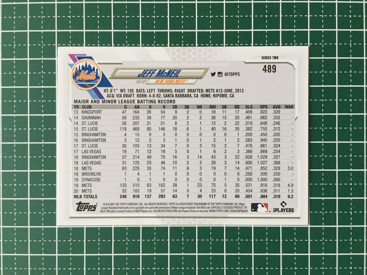 ★TOPPS MLB 2021 SERIES 2 #489 JEFF MCNEIL［NEW YORK METS］ベースカード★_画像2