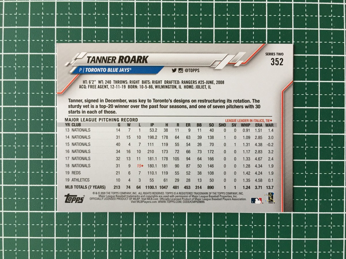 ★TOPPS MLB 2020 SERIES 2 #352 TANNER ROARK［TORONTO BLUE JAYS］ベースカード 20★_画像2