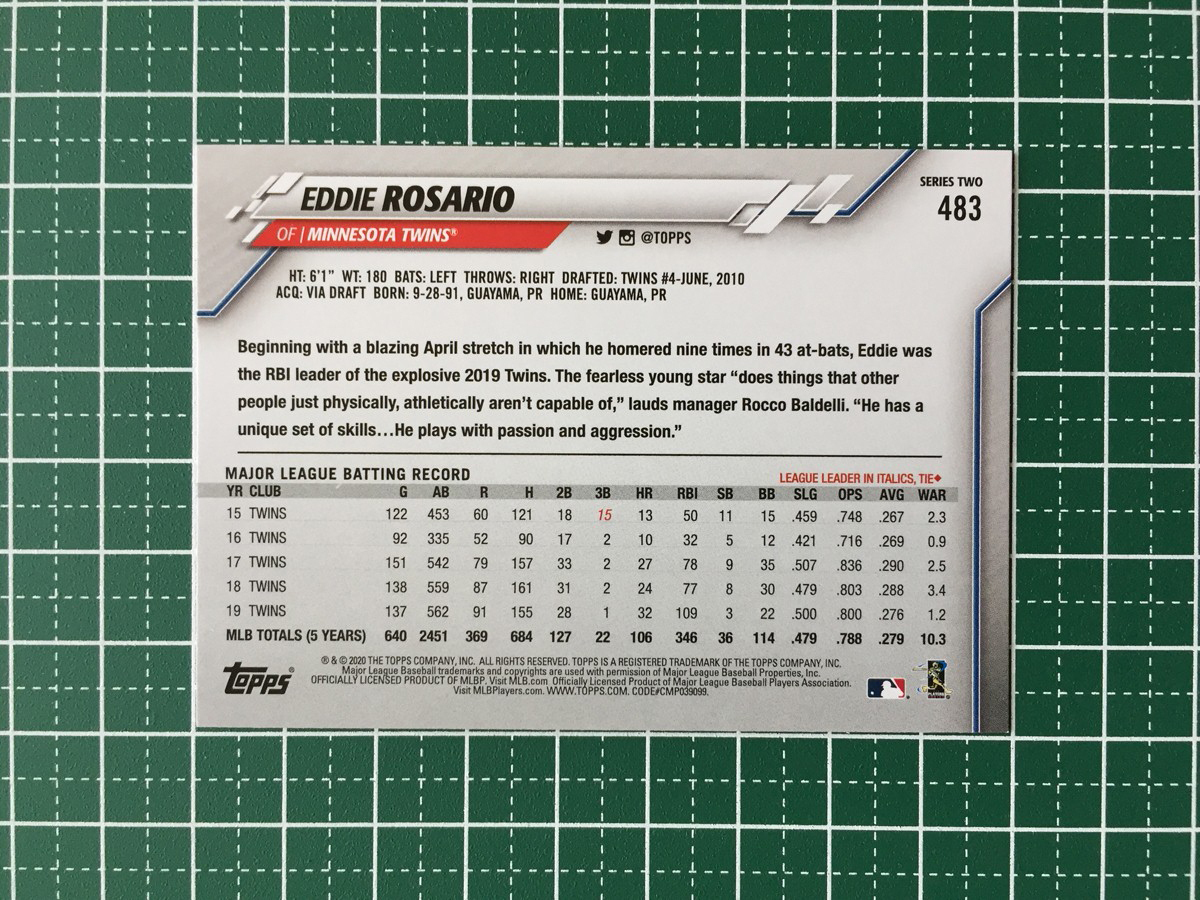 ★TOPPS MLB 2020 SERIES 2 #483 EDDIE ROSARIO［MINNESOTA TWINS］ベースカード 20★_画像2