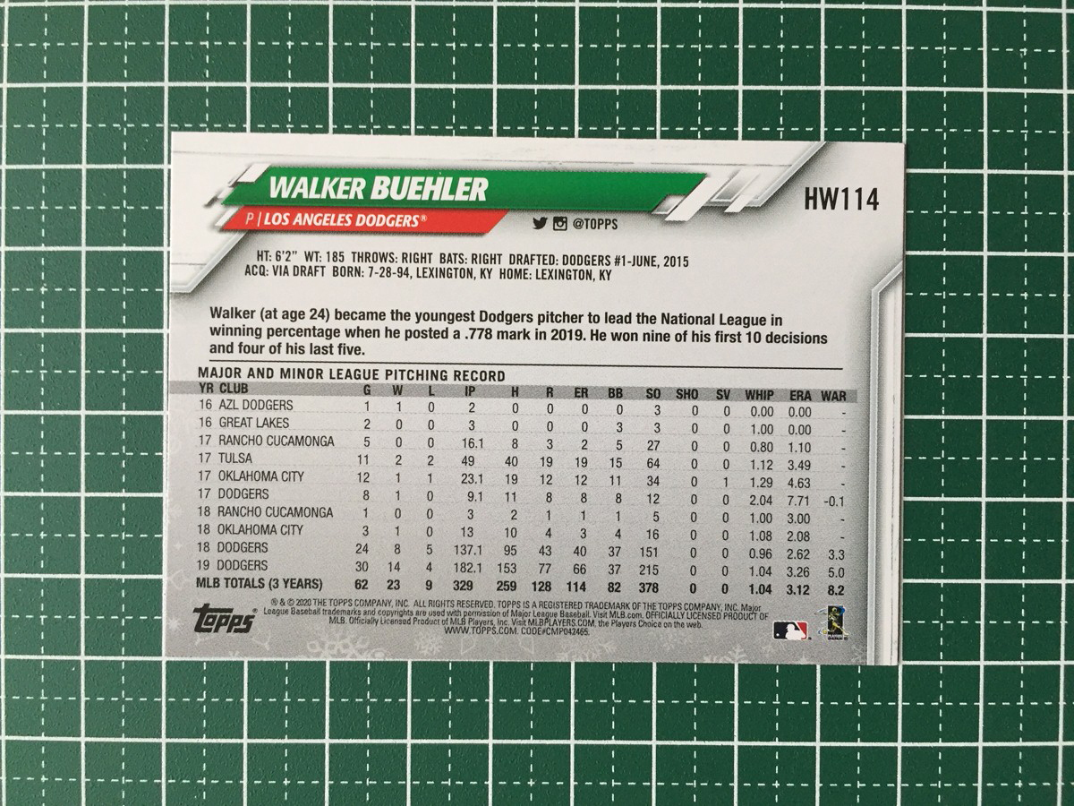 ★TOPPS MLB 2020 HOLIDAY #HW114 WALKER BUEHLER［LOS ANGELES DODGERS］ベースカード★_画像2