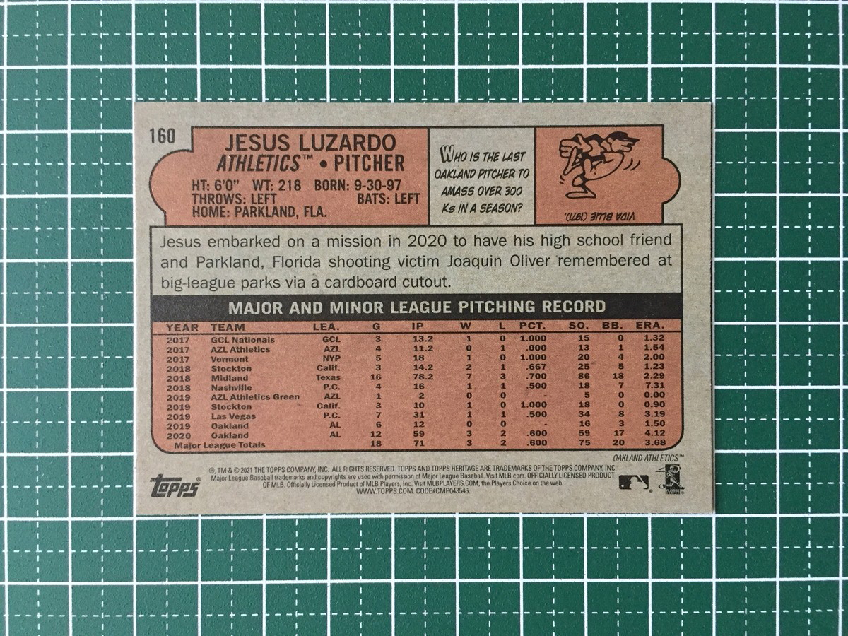 ★TOPPS MLB 2021 HERITAGE #160 JESUS LUZARDO［OAKLAND ATHLETICS］ベースカード★_画像2