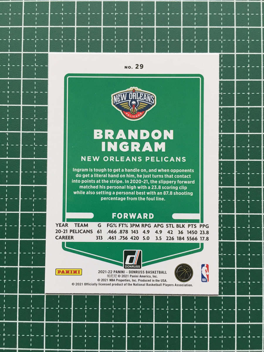 ★PANINI 2021-22 NBA DONRUSS #29 BRANDON INGRAM［NEW ORLEANS PELICANS］ベースカード「BASE」★_画像2