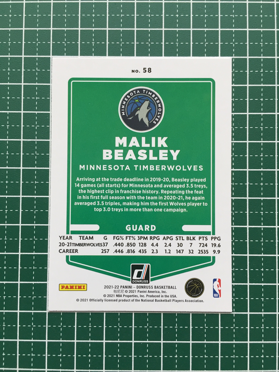 ★PANINI 2021-22 NBA DONRUSS #58 MALIK BEASLEY［MINNESOTA TIMBERWOLVES］ベースカード「BASE」★_画像2