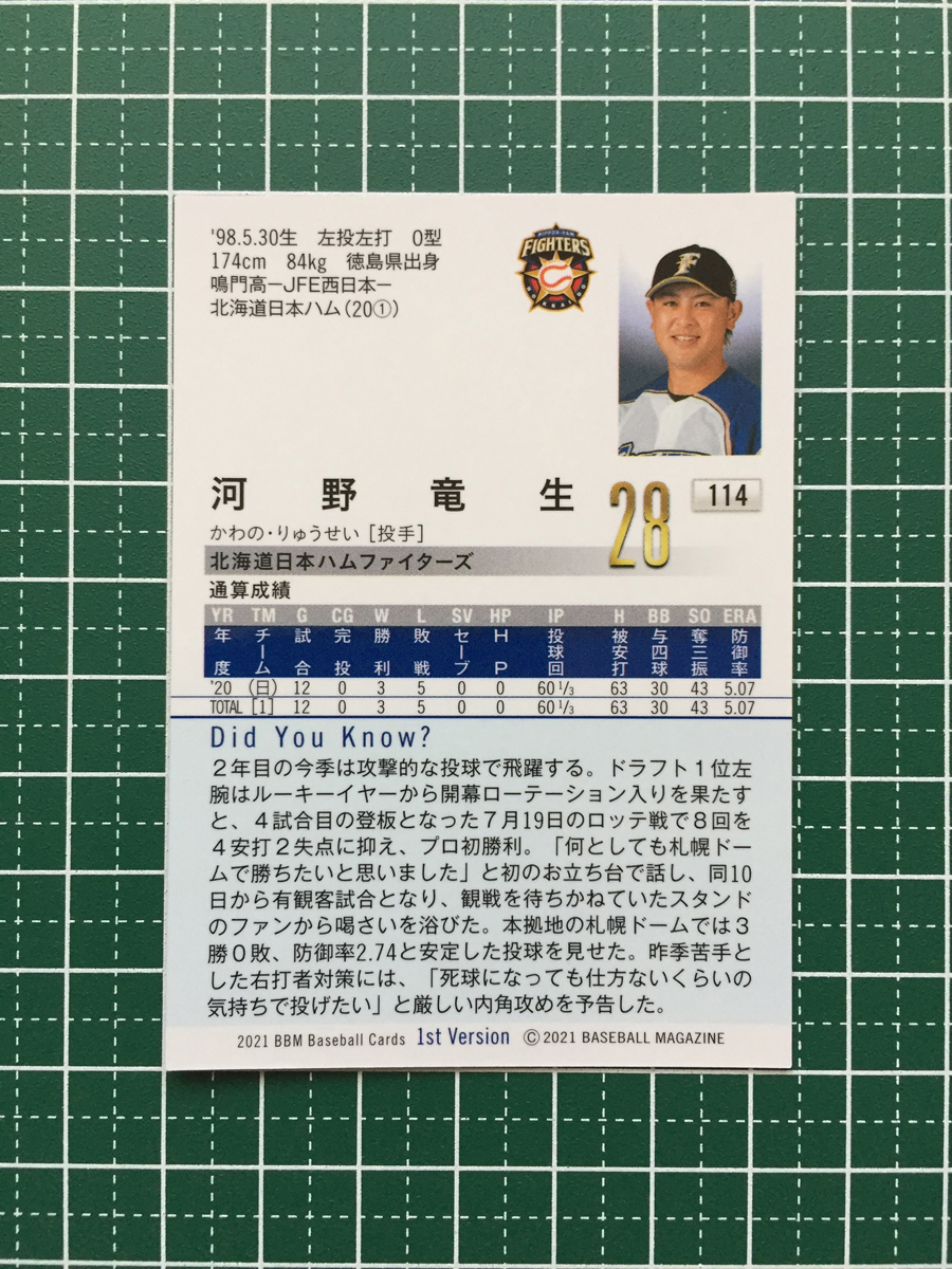 ★BBM 2021 プロ野球 1st バージョン #114 河野竜生［北海道日本ハムファイターズ］レギュラーカード★_画像2