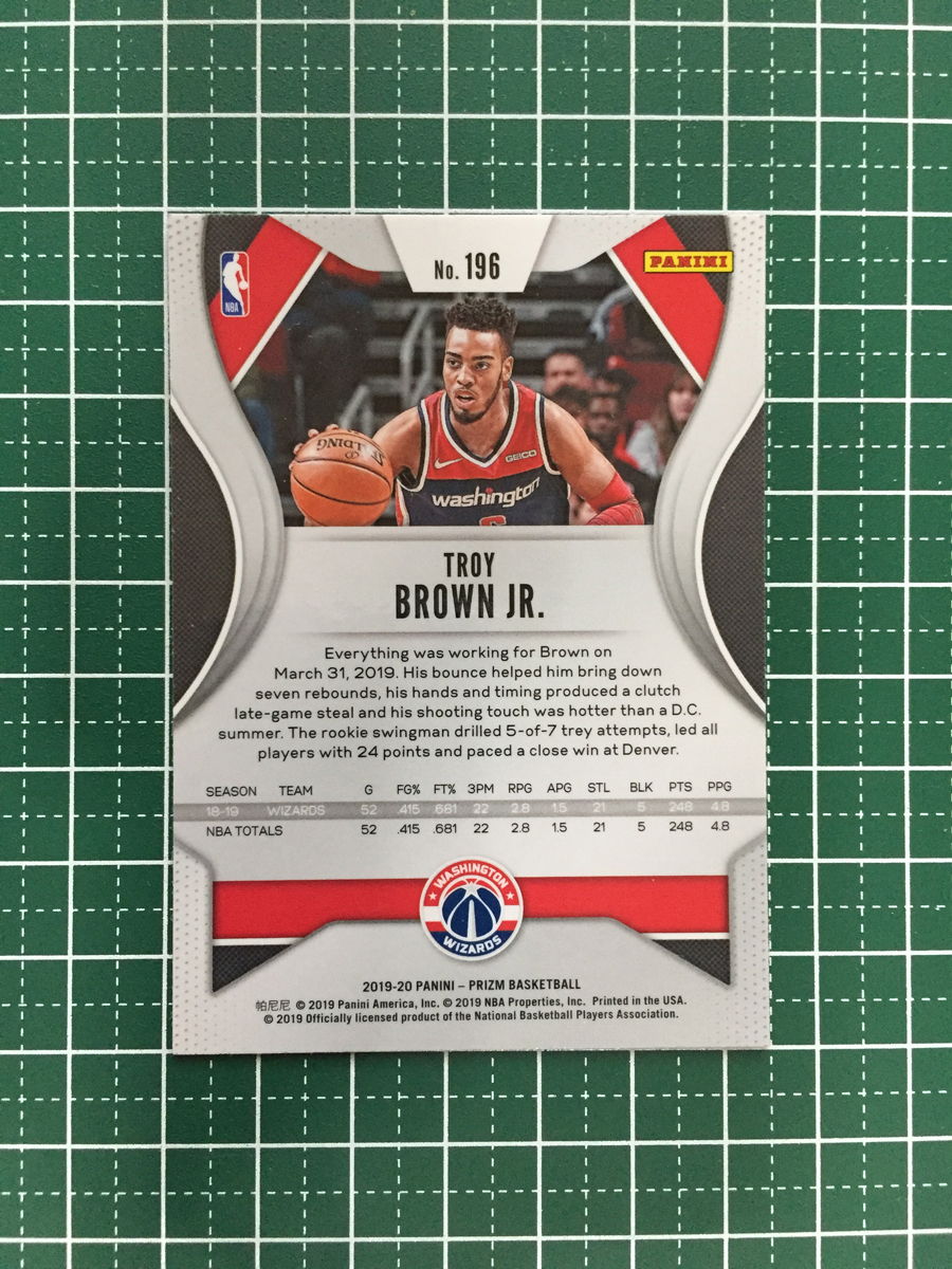 ★PANINI NBA 2019-20 PRIZM #196 TROY BROWN JR.［WASHINGTON WIZARDS］ベースカード 2020★_画像2