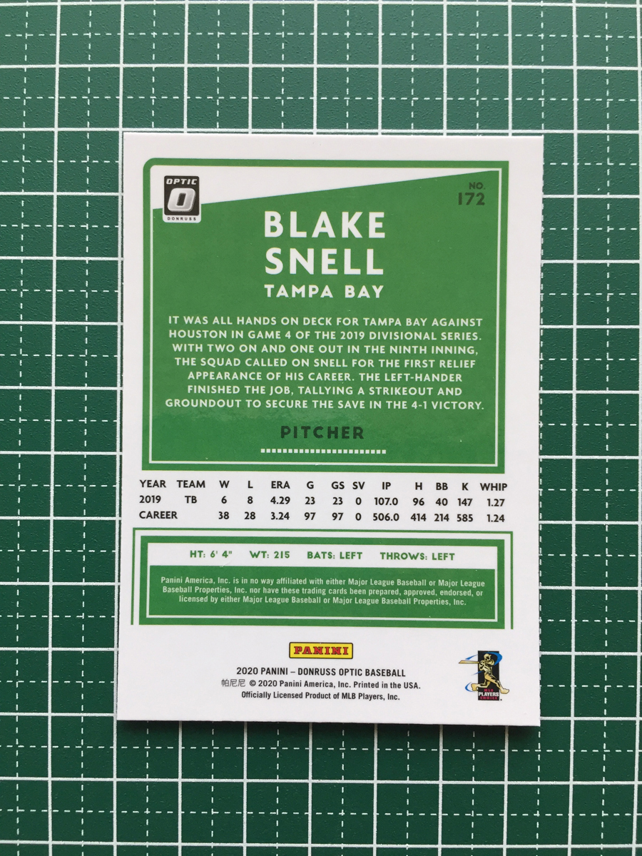 ★PANINI MLB 2020 DONRUSS OPTIC #172 BLAKE SNELL［TAMPA BAY RAYS］ベースカード 20★_画像2