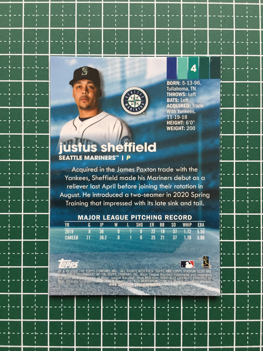 ★TOPPS MLB 2020 STADIUM CLUB CHROME #4 JUSTUS SHEFFIELD［SEATTLE MARINERS］ベースカード 20★_画像2