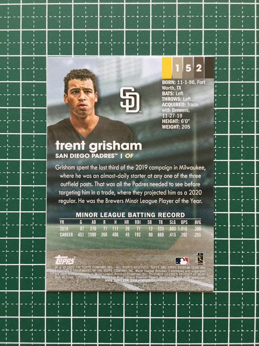 ★TOPPS MLB 2020 STADIUM CLUB #152 TRENT GRISHAM［SAN DIEGO PADRES］ベースカード ルーキー RC 20★_画像2