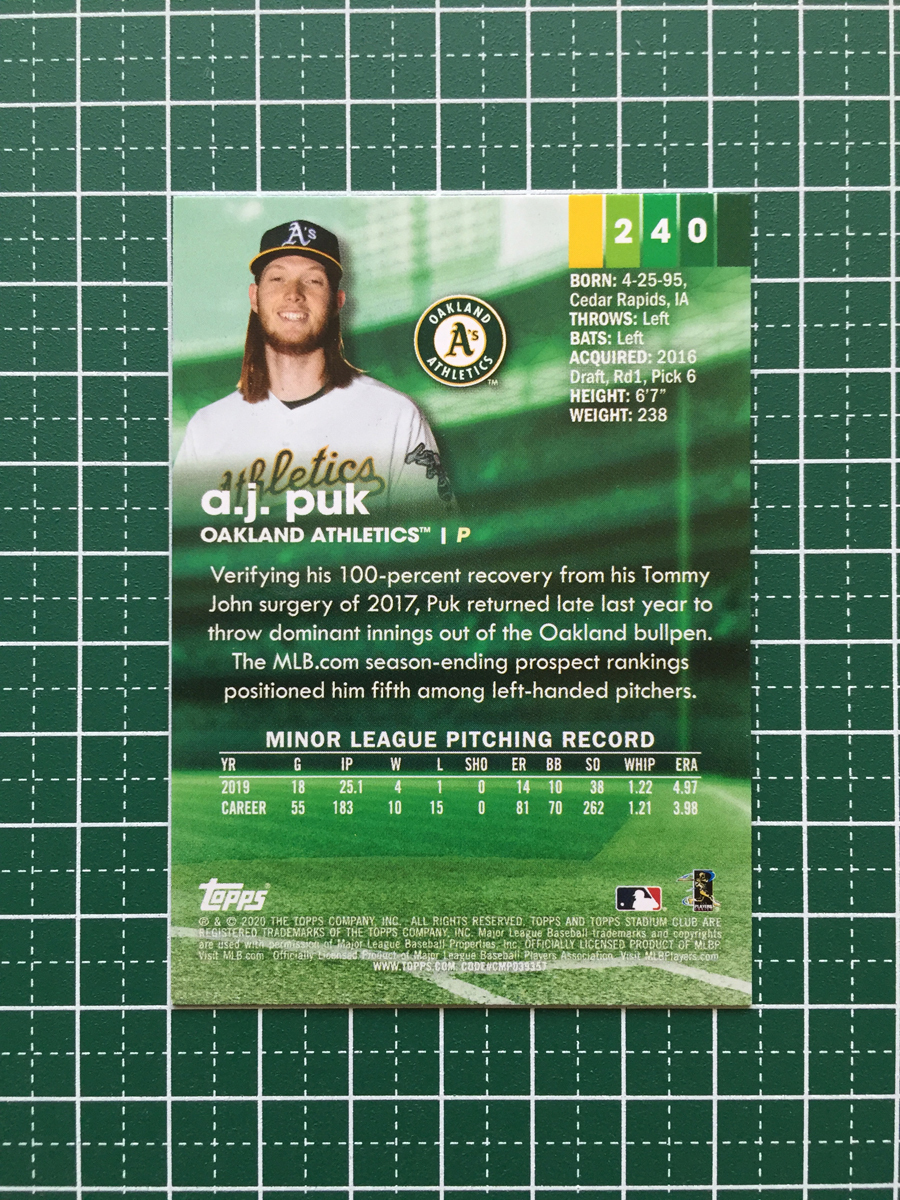 ★TOPPS MLB 2020 STADIUM CLUB #240 A.J. PUK［OAKLAND ATHLETICS］ベースカード ルーキー RC 20★_画像2