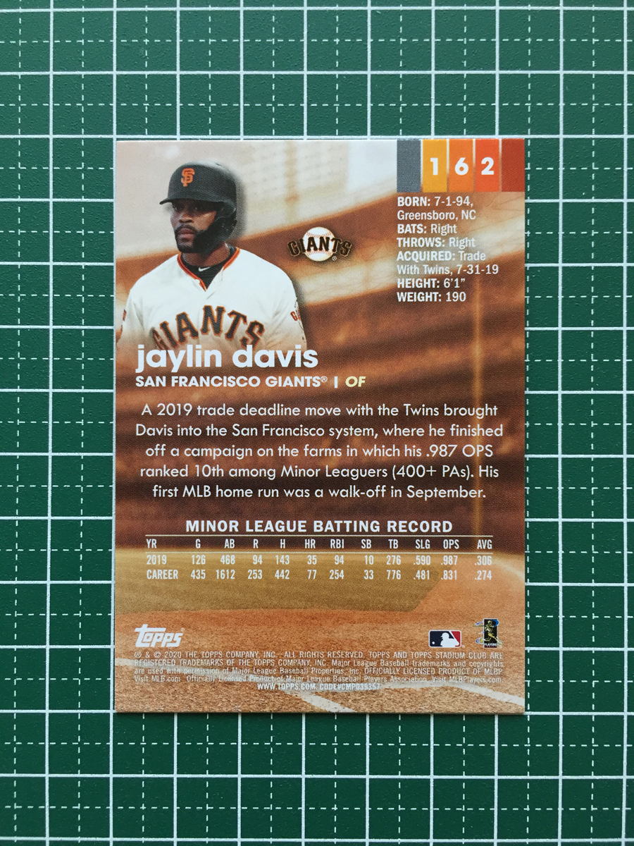 ★TOPPS MLB 2020 STADIUM CLUB #162 JAYLIN DAVIS［SAN FRANCISCO GIANTS］ベースカード ルーキー RC 20★_画像2