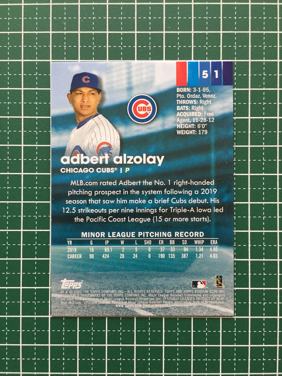 ★TOPPS MLB 2020 STADIUM CLUB #51 ADBERT ALZOLAY［CHICAGO CUBS］ベースカード ルーキー RC 20★_画像2