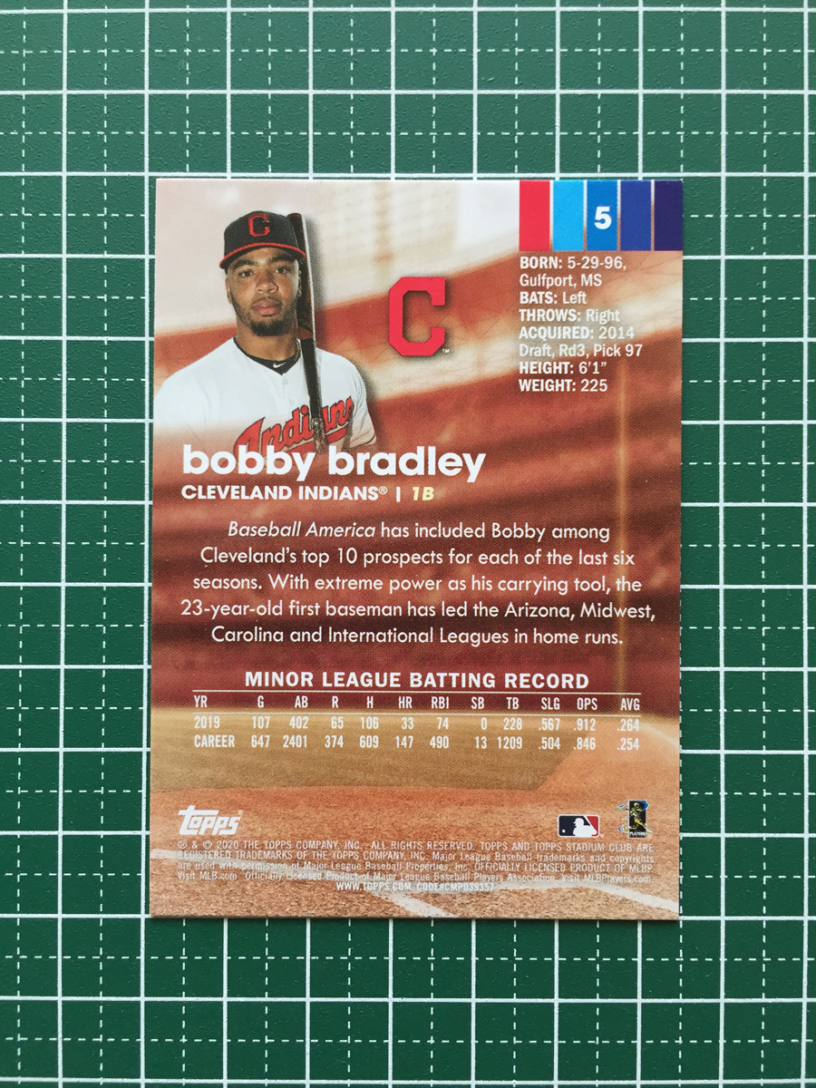 ★TOPPS MLB 2020 STADIUM CLUB #5 BOBBY BRADLEY［CLEVELAND INDIANS］ベースカード ルーキー RC 20★_画像2