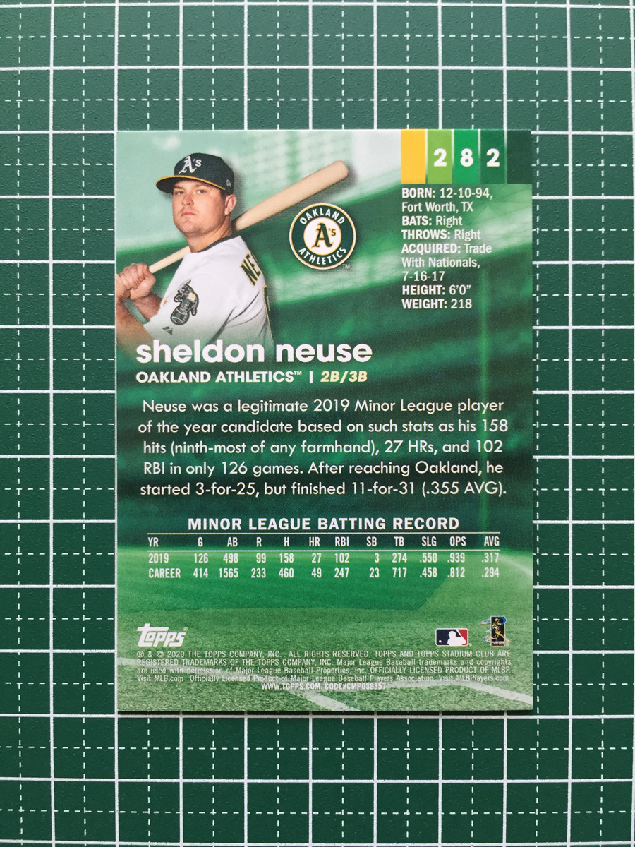 ★TOPPS MLB 2020 STADIUM CLUB #282 SHELDON NEUSE［OAKLAND ATHLETICS］ベースカード RED パラレル版 ルーキー RC 20★_画像2