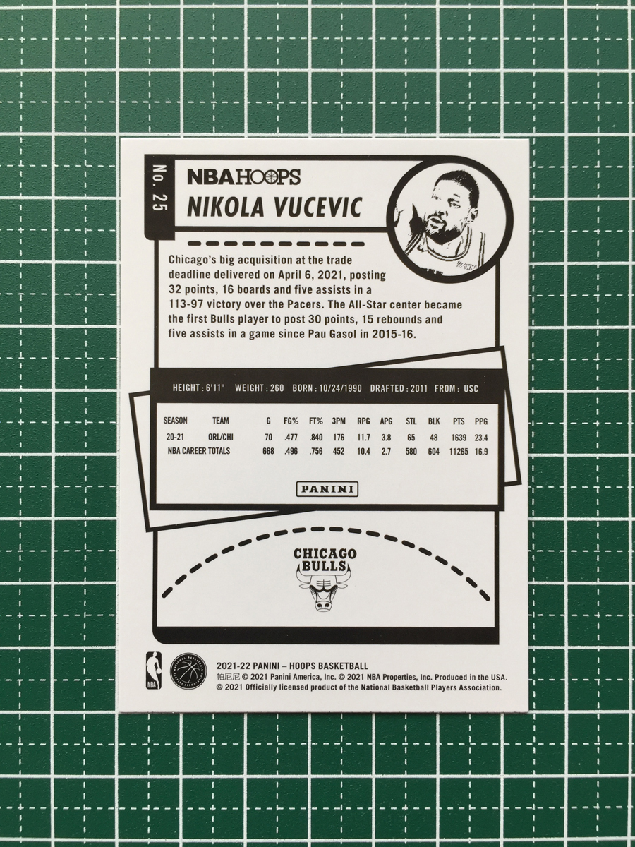 ★PANINI 2021-22 NBA HOOPS #25 NIKOLA VUCEVIC［CHICAGO BULLS］ベースカード「BASE」★_画像2