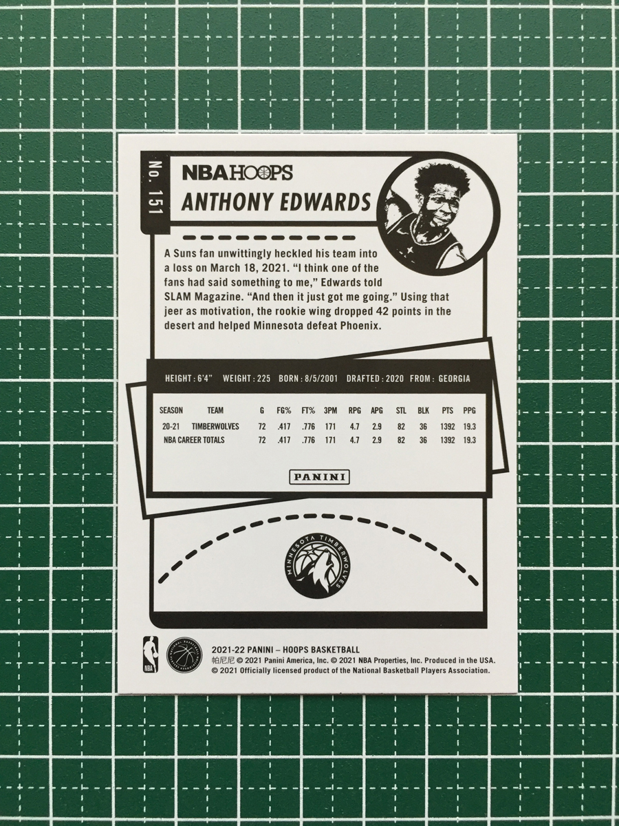★PANINI 2021-22 NBA HOOPS #151 ANTHONY EDWARDS［MINNESOTA TIMBERWOLVES］ベースカード「BASE」★_画像2