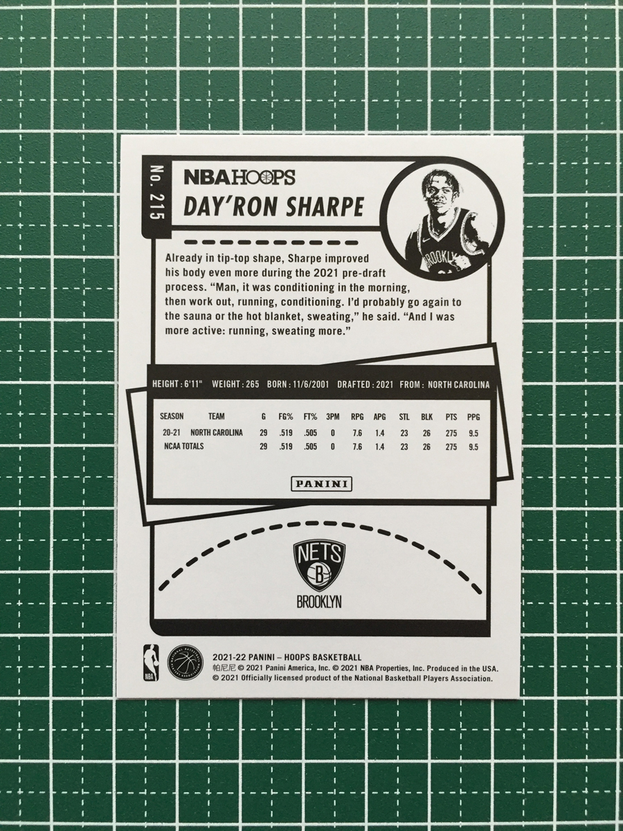 ★PANINI 2021-22 NBA HOOPS #215 DAY'RON SHARPE［BROOKLYN NETS］ベースカード「ROOKIES」ルーキー「RC」★_画像2