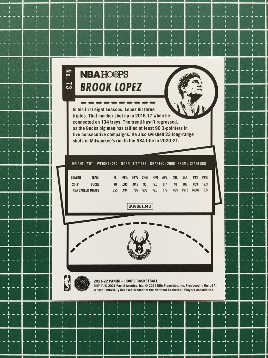 ★PANINI 2021-22 NBA HOOPS #73 BROOK LOPEZ［MILWAUKEE BUCKS］ベースカード「BASE」★_画像2