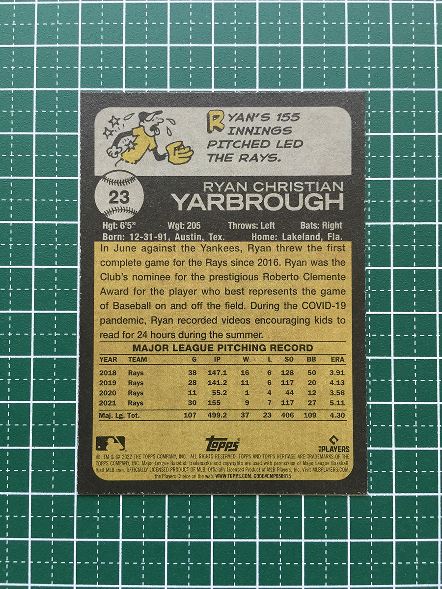 ★TOPPS MLB 2022 HERITAGE #23 RYAN YARBROUGH［TAMPA BAY RAYS］ベースカード「BASE」★_画像2