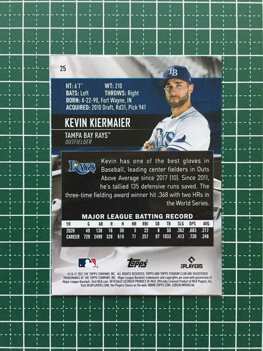 ★TOPPS MLB 2021 STADIUM CLUB #25 KEVIN KIERMAIER［TAMPA BAY RAYS］ベースカード「BASE」★_画像2